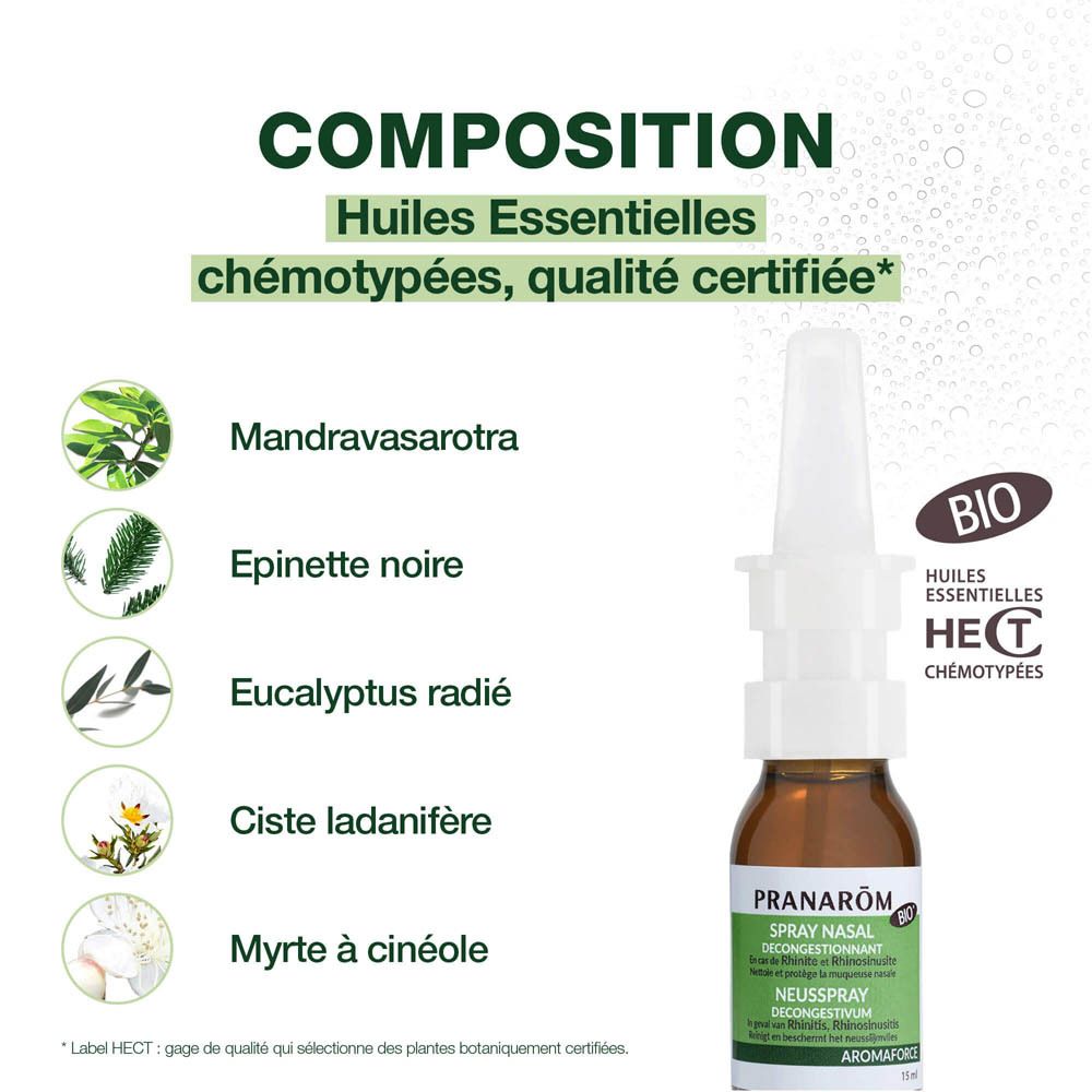 Panneau publicitaire avec ingrédients et spray nasal. Marque Pranarôm, texte et logo. Design vert et blanc.