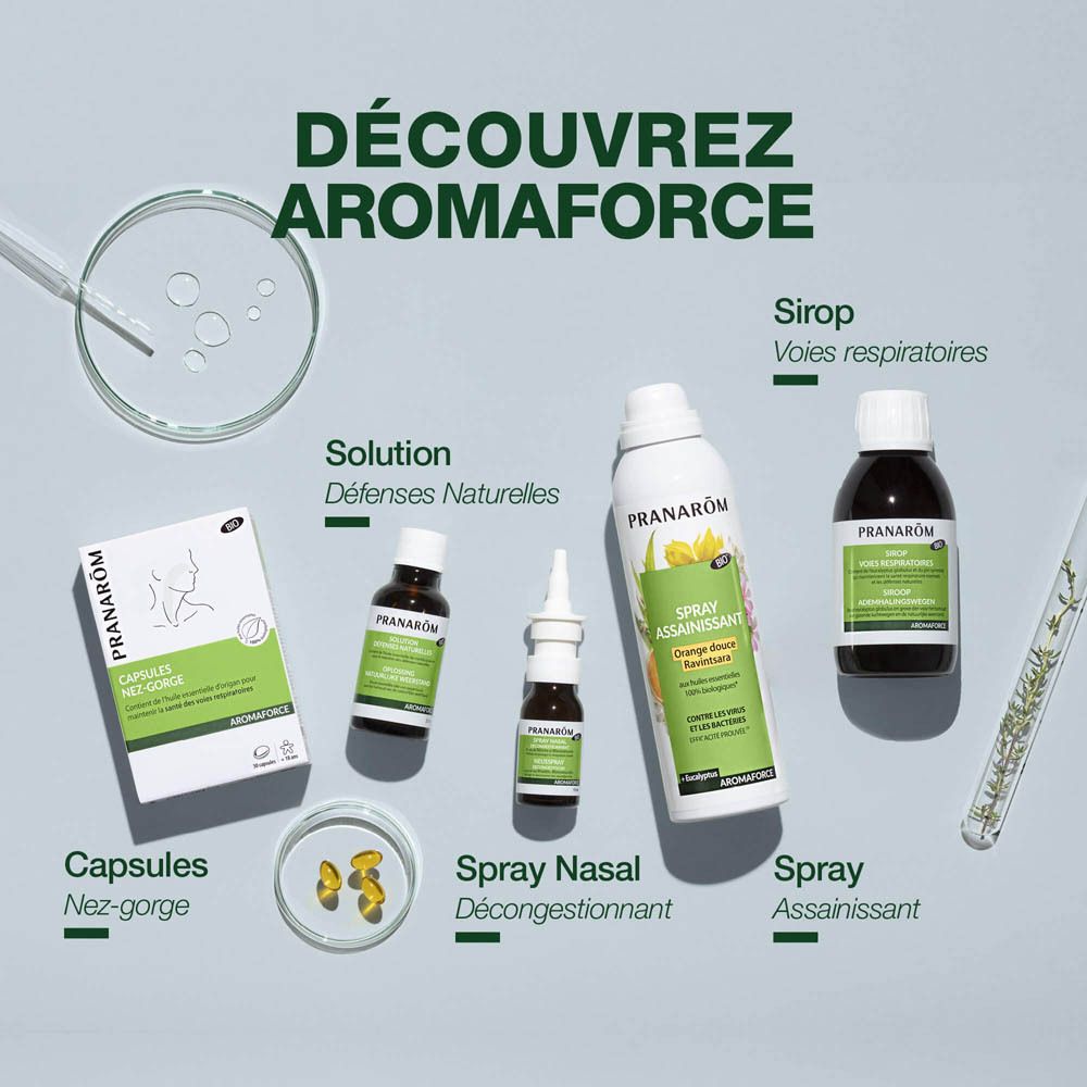 Emballage produit avec spray nasal et flacon. Marque Pranarôm, texte et logo. Design vert et blanc.