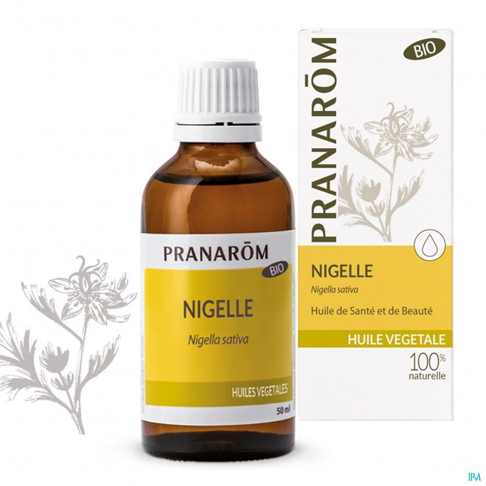 Flacon en verre brun avec bouchon blanc. Étiquette avec nom du produit et marque Pranarôm. Certification Bio.