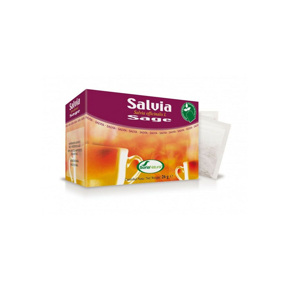Boîte de tisane Salvia, Sage. Inscription: Salvia officinalis L. Logo SoriaNatural. 2 sachets de thé.