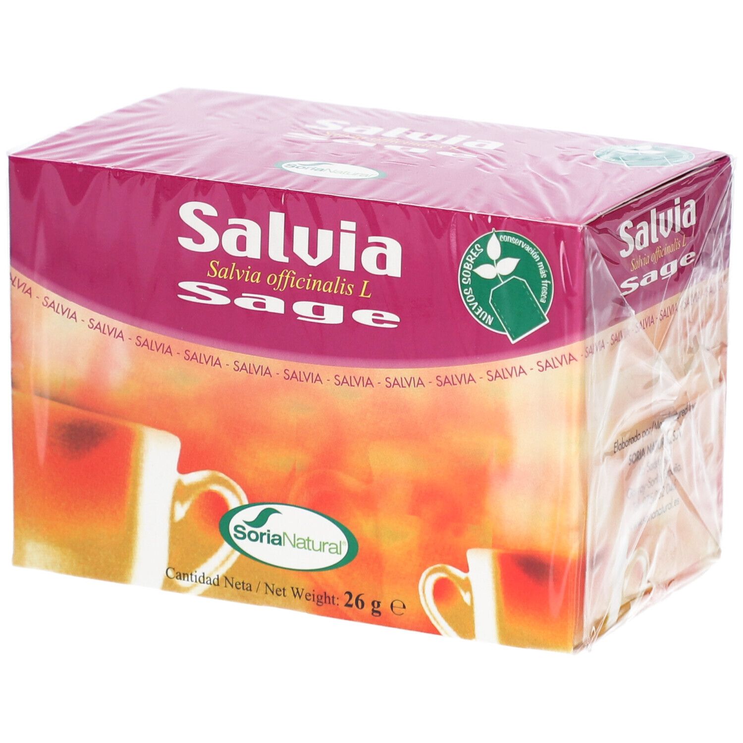 Boîte de tisane Salvia, Sage. Inscription: Salvia officinalis L. Logo SoriaNatural. Poids net 26 g.