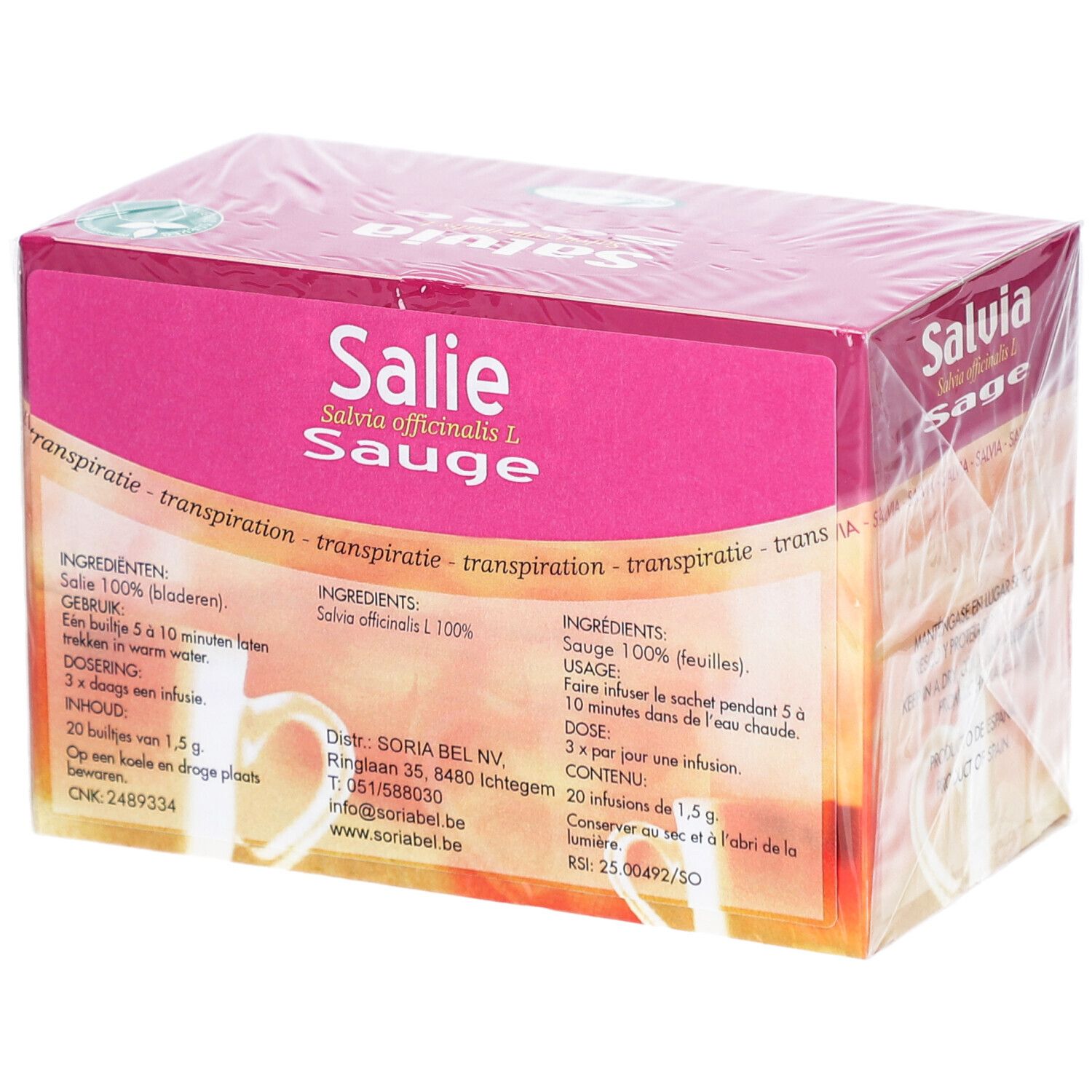 Boîte de tisane Salie, Sauge. Inscription: Salvia officinalis L. Soria Bel NV. 20 sachets de 1,5 g.