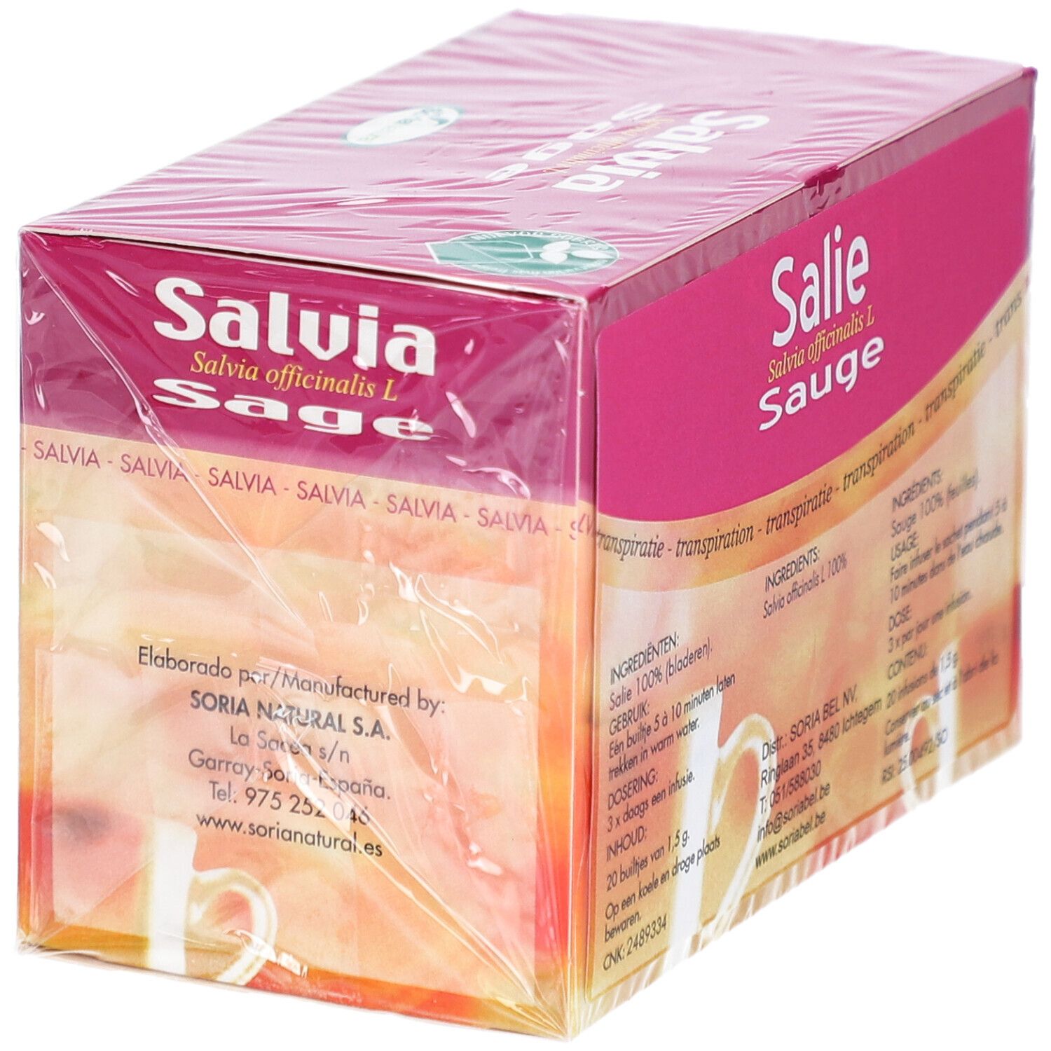 Boîte de tisane Salie, Sauge. Inscription: Salvia officinalis L. Soria Natural S.A. 20 sachets de 1,5 g.