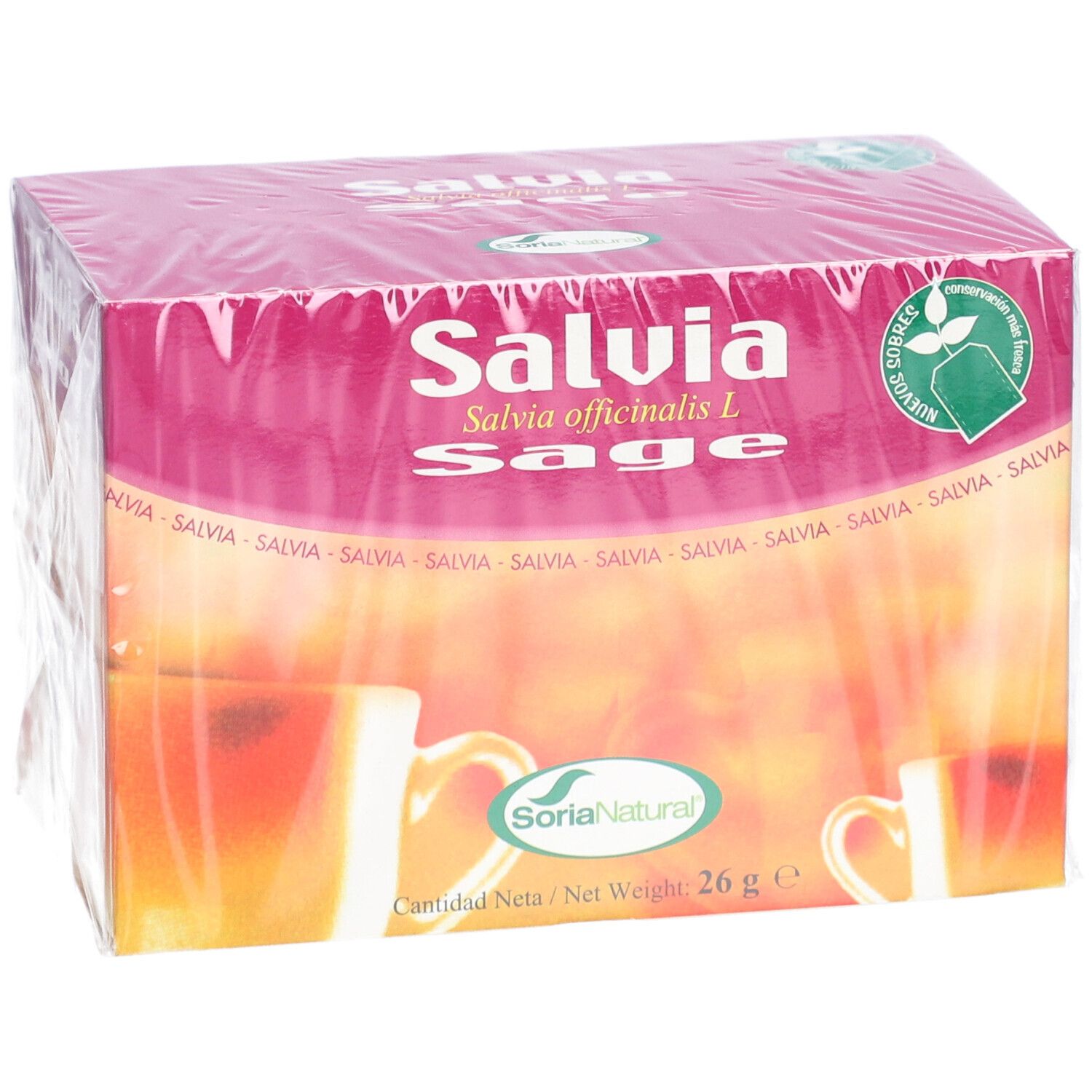 Boîte de tisane Salvia, Sage. Inscription: Salvia officinalis L. Logo SoriaNatural. Poids net 26 g.