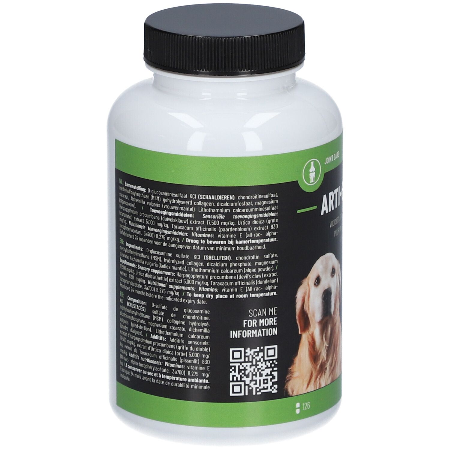 Achterkant van de witte fles. Tekst met ingrediënten en QR-code. Afbeelding van een hond.