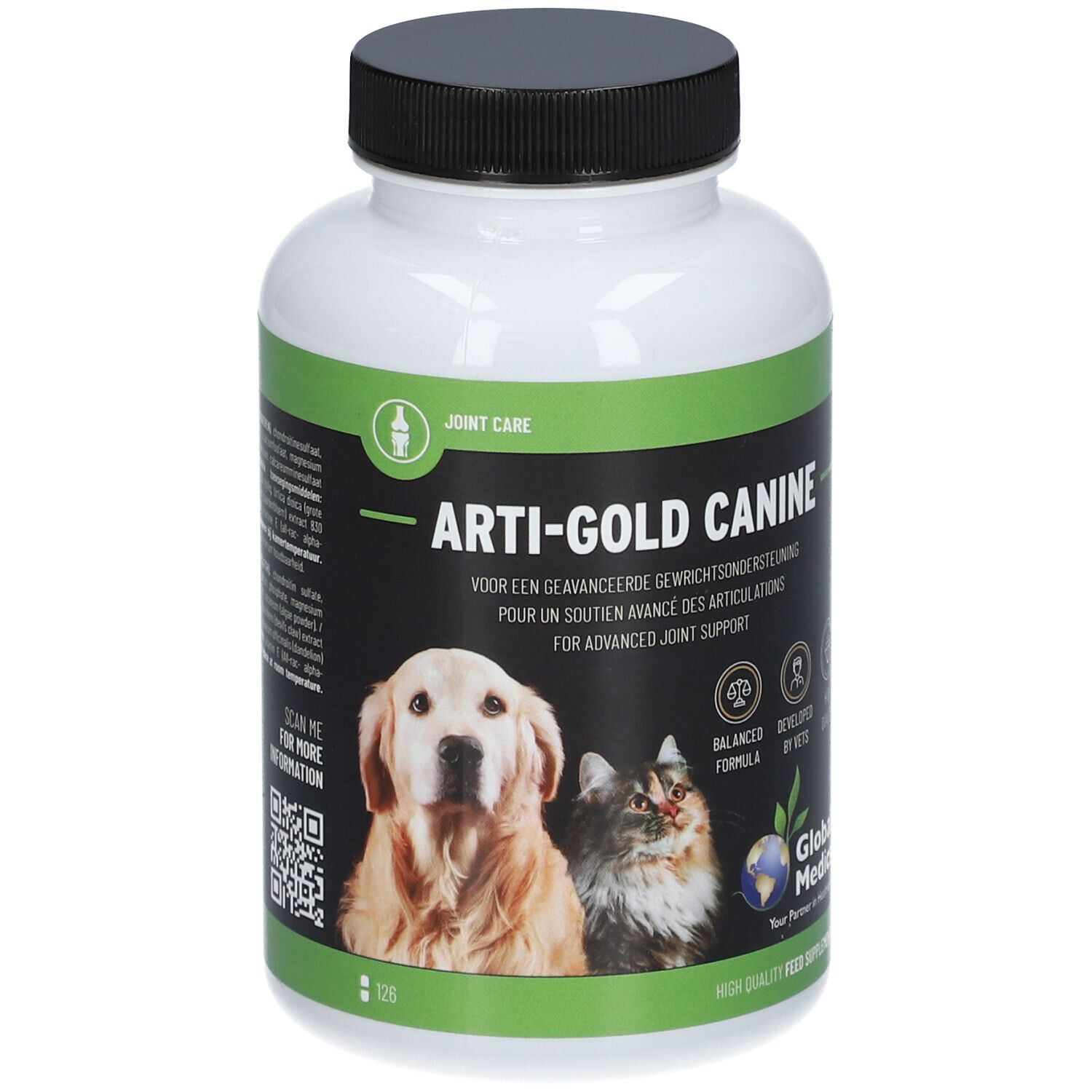 Witte fles met zwarte dop. Opschrift Arti-Gold Canine. Afbeelding van een hond en een kat.