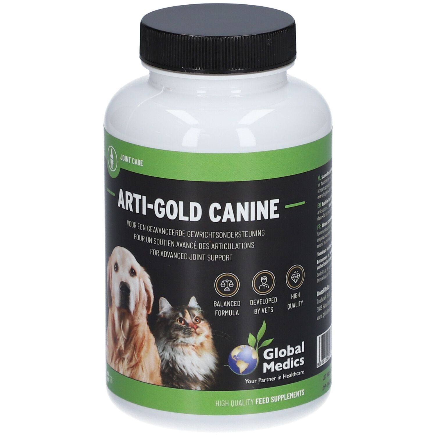 Witte fles met zwarte dop. Opschrift Arti-Gold Canine. Afbeelding van een hond en een kat.