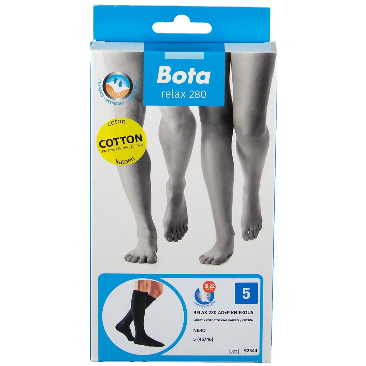 Verpakking met zwarte compressiekousen, maat 5 (45/46). Merk Bota Relax 280 AD +P Nero. Katoen.