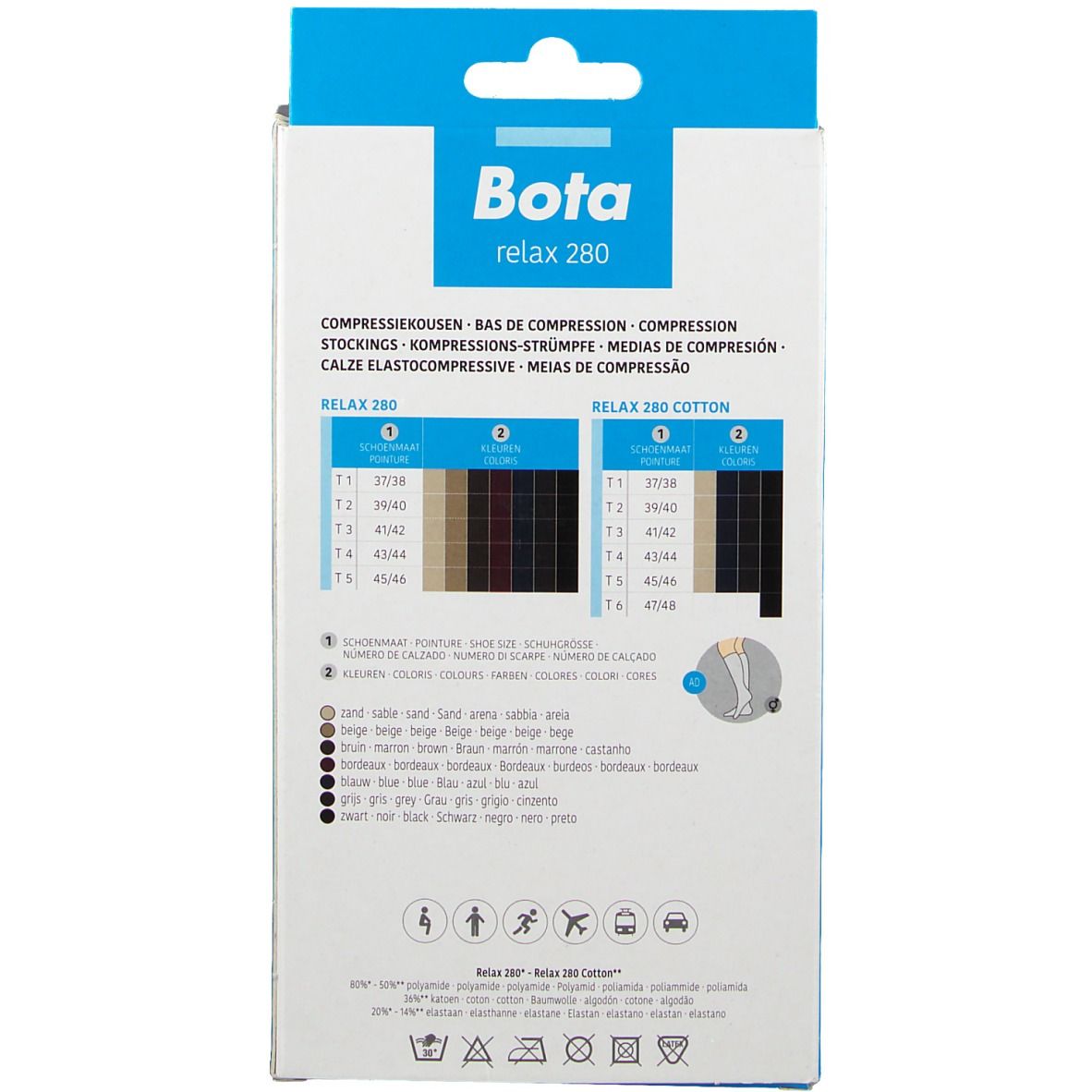 Achterkant van de verpakking. Maat- en kleurentabel voor compressiekousen. Merk Bota Relax 280 Cotton.