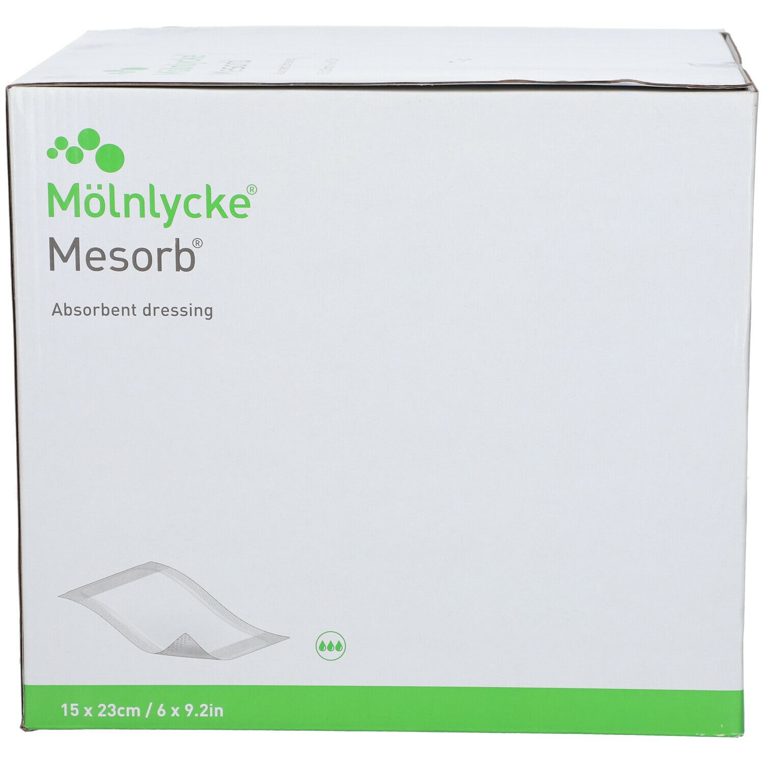 Boîte de compresses Mesorb. Inscription : Mölnlycke, Mesorb, Absorbent dressing, 15 x 23cm.