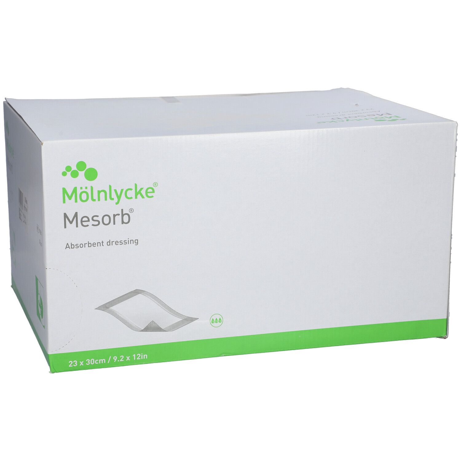 Boîte de compresses Mesorb. Dimensions 23 x 30 cm. Marque Mölnlycke. Inscription : Pansement absorbant.