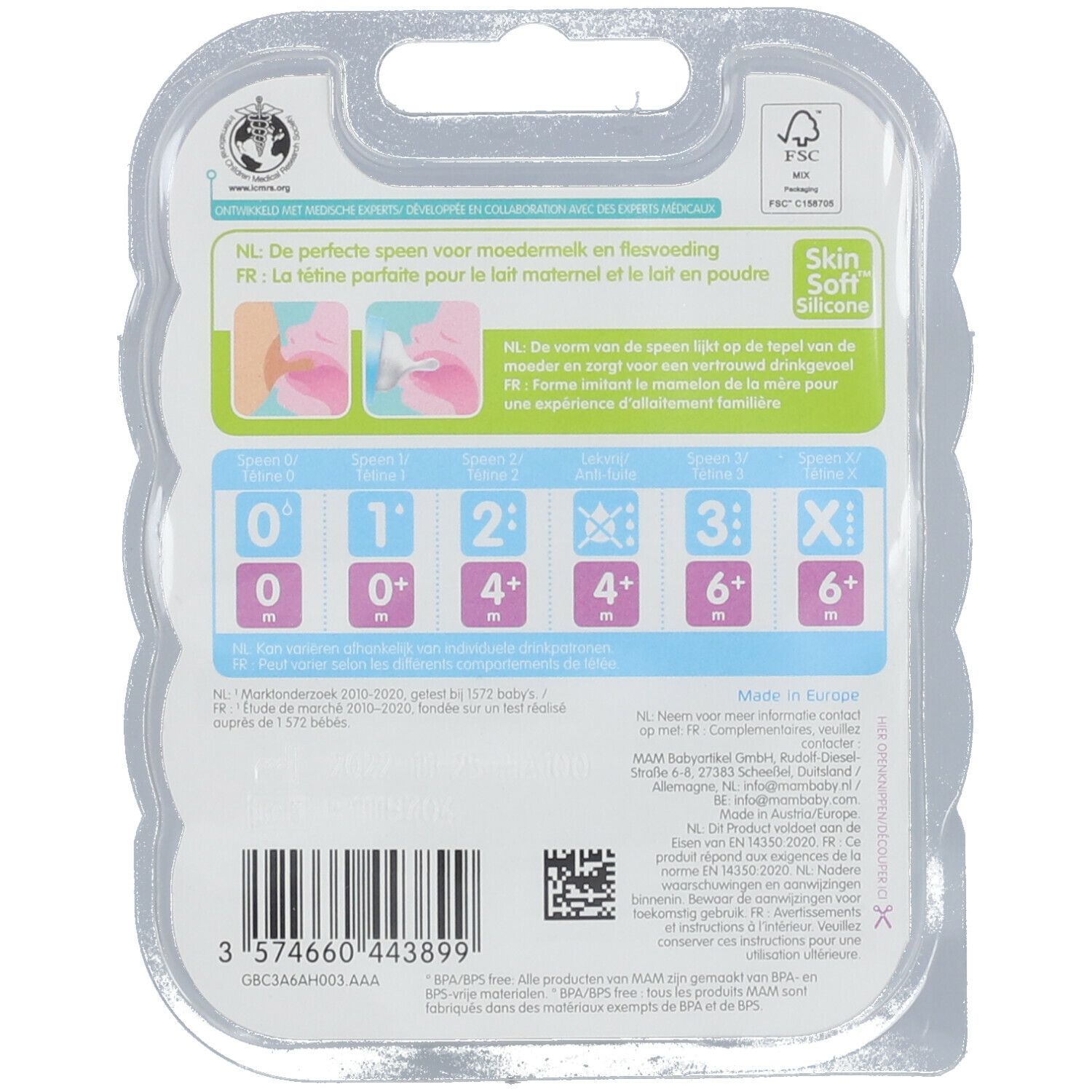 Dos de l'emballage MAM. Indications de tailles de tétines. Skin Soft Silicone. Sans BPA.