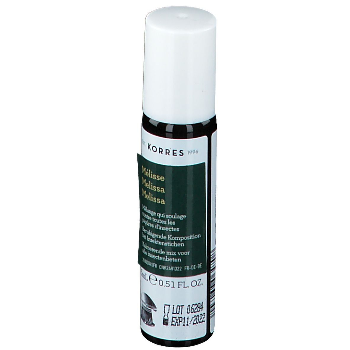 Roll-on KORRES®. Flacon en verre brun, bouchon blanc. Étiquette avec nom du produit et texte.