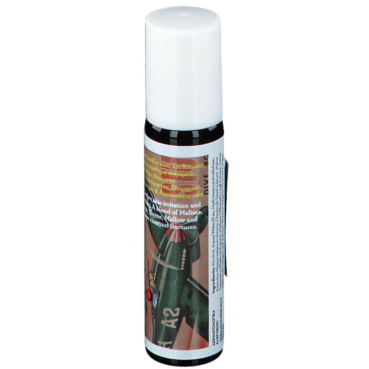 Roll-on KORRES®. Flacon en verre brun, bouchon blanc. Étiquette avec texte et illustration.