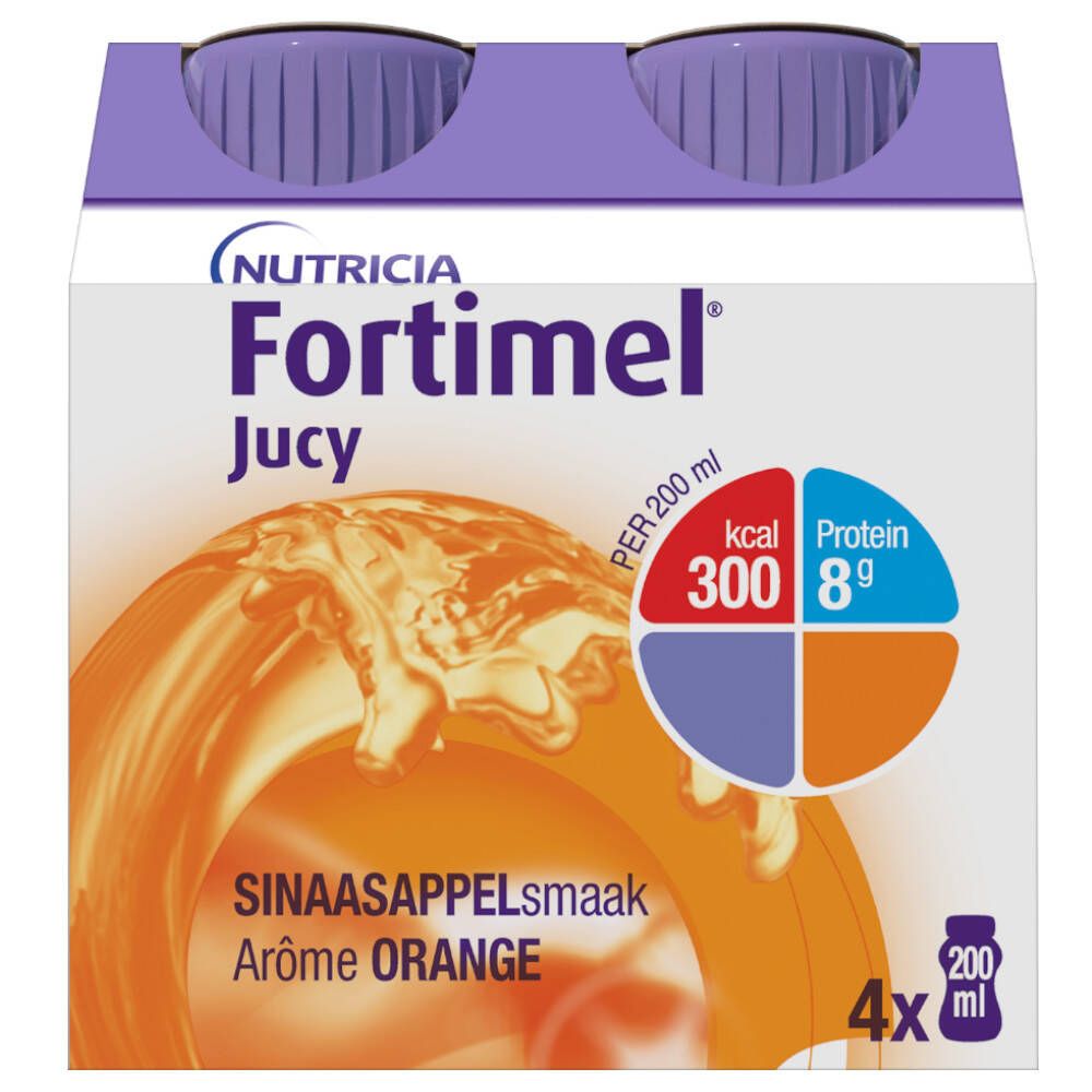 Cluster de Fortimel Jucy Orange. Quatre bouteilles dans un carton. Inscription : Nutricia, Fortimel Jucy. Saveur : Orange. Informations nutritionnelles.