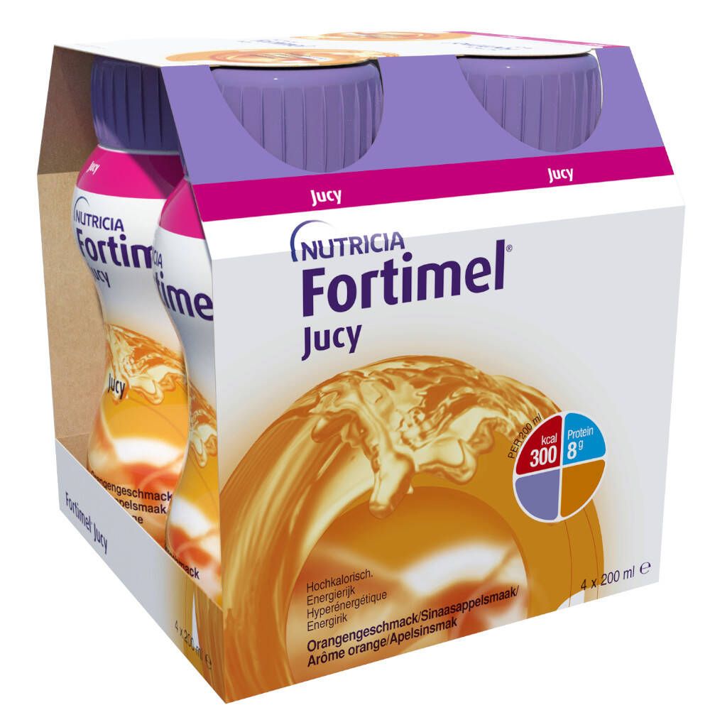 Cluster de Fortimel Jucy Orange. Boîte avec trois bouteilles. Inscription : Nutricia, Fortimel Jucy. Saveur : Orange. Informations nutritionnelles.