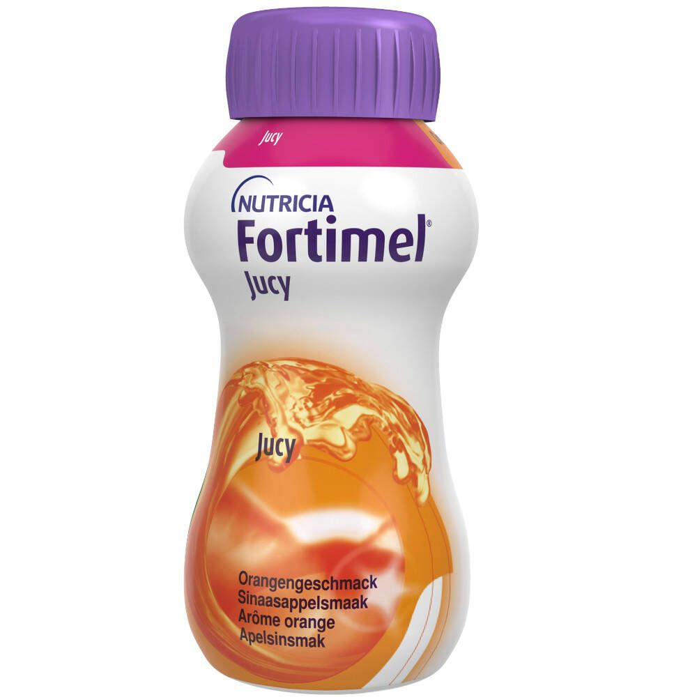 Bouteille Fortimel Jucy. Inscription : Nutricia, Fortimel Jucy. Saveur : Orange. Bouteille avec bouchon violet. Boisson orange.