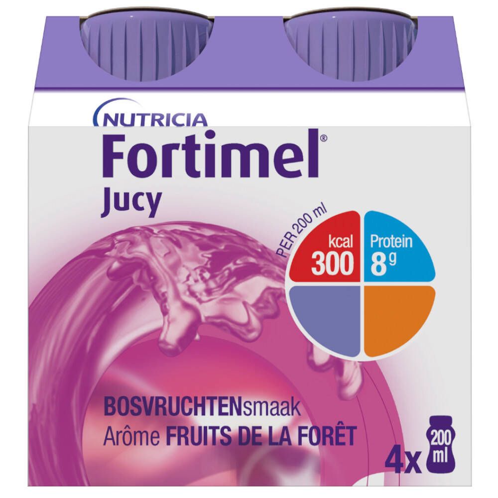 Verpakking van vier flessen Fortimel Jucy. Opschrift: Nutricia, kcal 300, Eiwit 8g, Bosvruchtensmaak, Arôme fruits de la forêt.