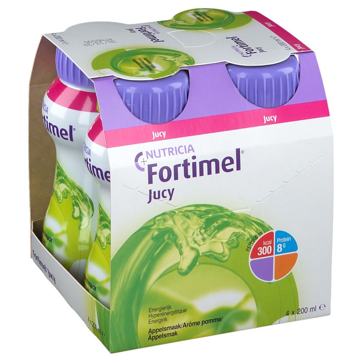Emballage de quatre bouteilles Fortimel Jucy. Chaque bouteille a un bouchon violet. Une pomme est représentée sur l'emballage.
