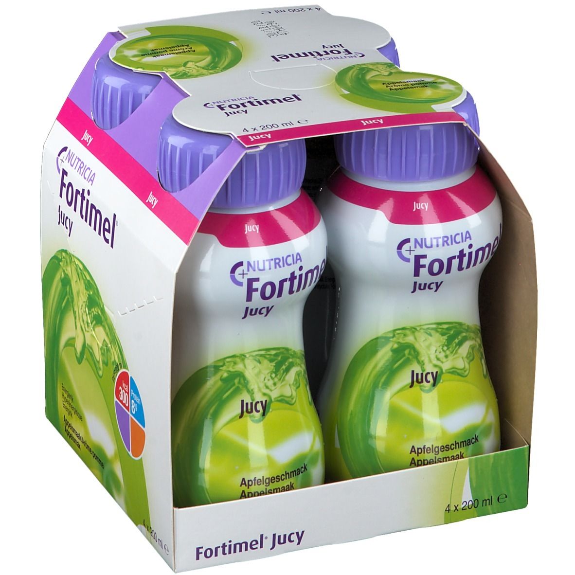 Emballage de quatre bouteilles Fortimel Jucy. Chaque bouteille a un bouchon violet. Une pomme est représentée sur l'emballage.