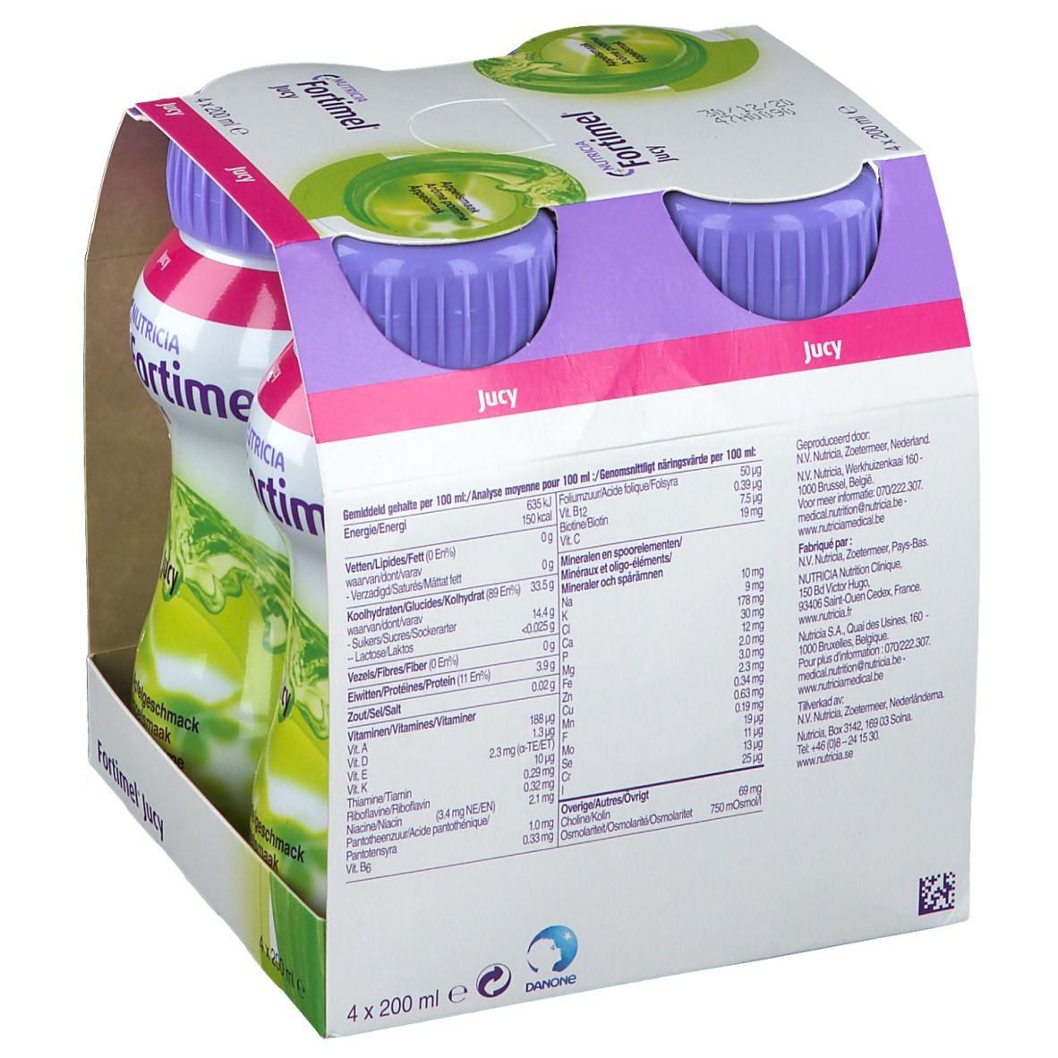 Dos de l'emballage de Fortimel Jucy. Contient des informations nutritionnelles et les coordonnées du fabricant. 4 bouteilles.