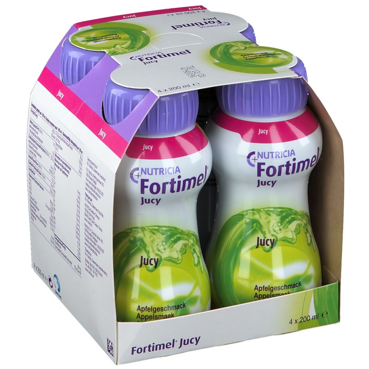 Emballage de quatre bouteilles Fortimel Jucy. Chaque bouteille a un bouchon violet. Une pomme est représentée sur l'emballage.