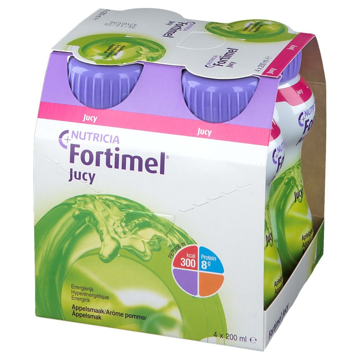 Emballage de quatre bouteilles Fortimel Jucy. Chaque bouteille a un bouchon violet. Une pomme est représentée sur l'emballage.