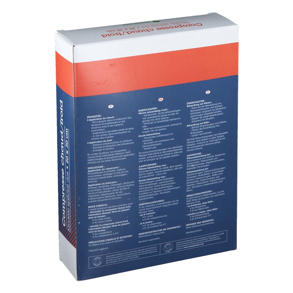 Dos de la boîte. Texte multilingue. Marque Verte. Informations sur le produit et certifications.