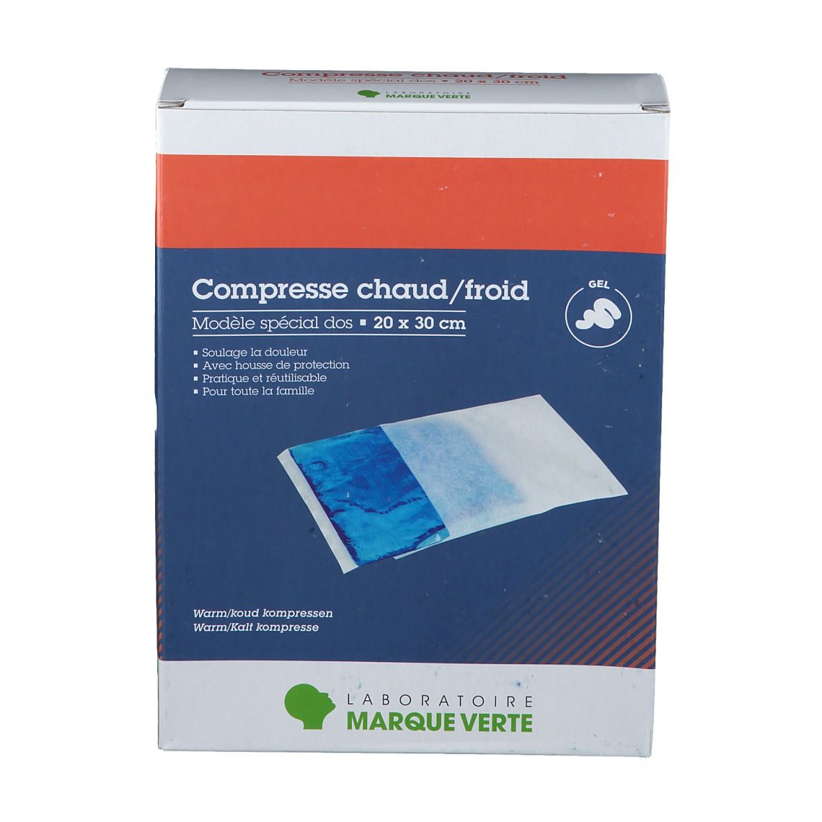 Boîte de compresse chaud/froid 20x30cm. Marque Verte. Gel bleu visible. Texte: Compresse chaud/froid, modèle spécial dos.