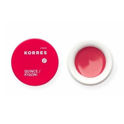 Couvercle rond rouge avec bord blanc. Inscription: KORRES, Quince/Kydoni. À côté, un pot ouvert avec un contenu rose.