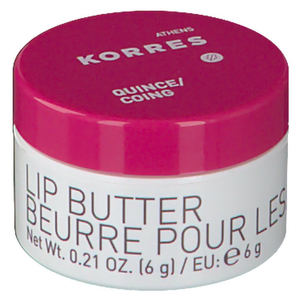 Pot rond avec couvercle rose. Inscription: KORRES, Quince/Coing, Lip Butter Beurre Pour Les Lèvres. Contenu: 6g.