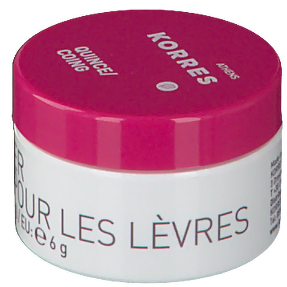 Pot rond avec couvercle rose. Inscription: KORRES, Quince/Coing, Lip Butter Pour Les Lèvres. Contenu: 6g.