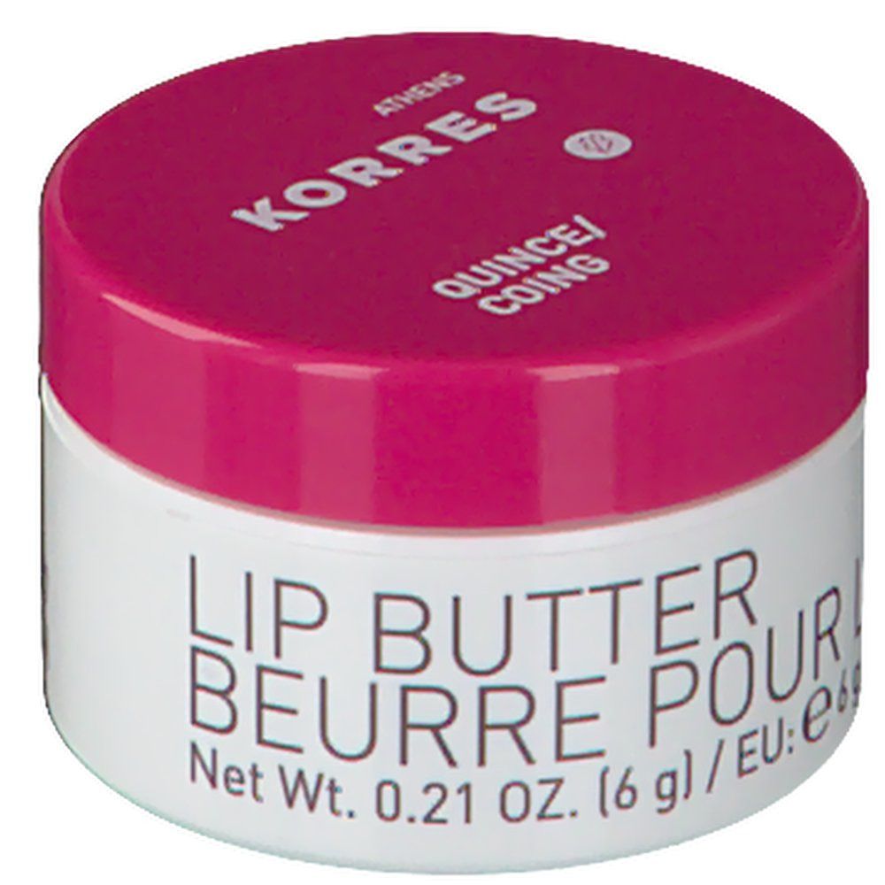 Pot rond avec couvercle rose. Inscription: KORRES, Quince/Coing, Lip Butter Beurre Pour Les Lèvres. Contenu: 6g.