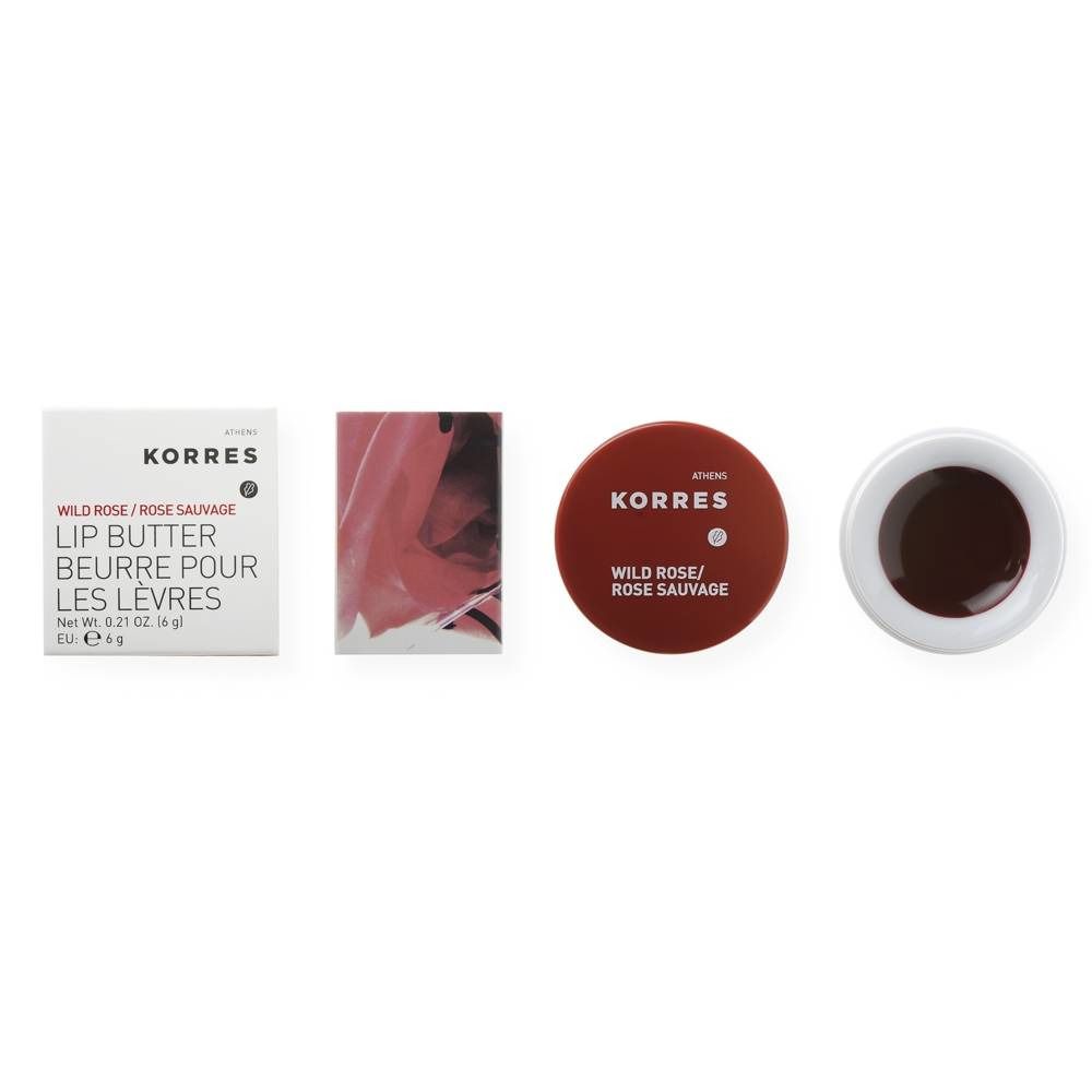 Verpakking en pot met lippenboter. Op de verpakking staat "KORRES" en "Lip Butter".