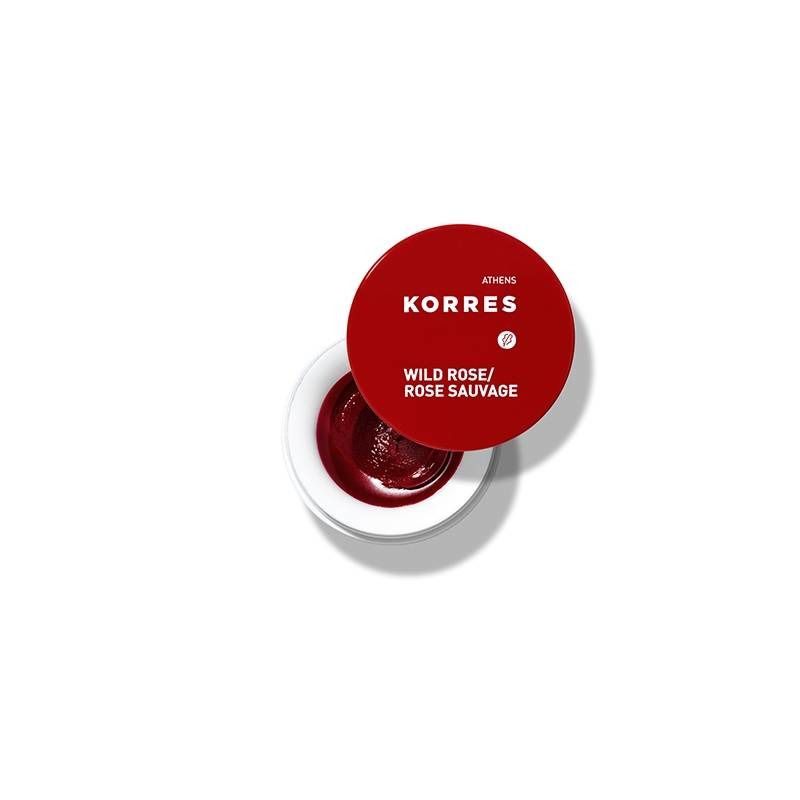 Rode deksel en witte pot met lippenboter. Op de deksel staat "KORRES" en "Wild Rose".
