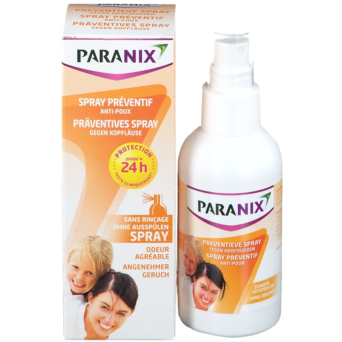 PARANIX sprayfles en verpakking. Op de verpakking: logo, productnaam, kindergezichten, bescherming tot 24 uur.