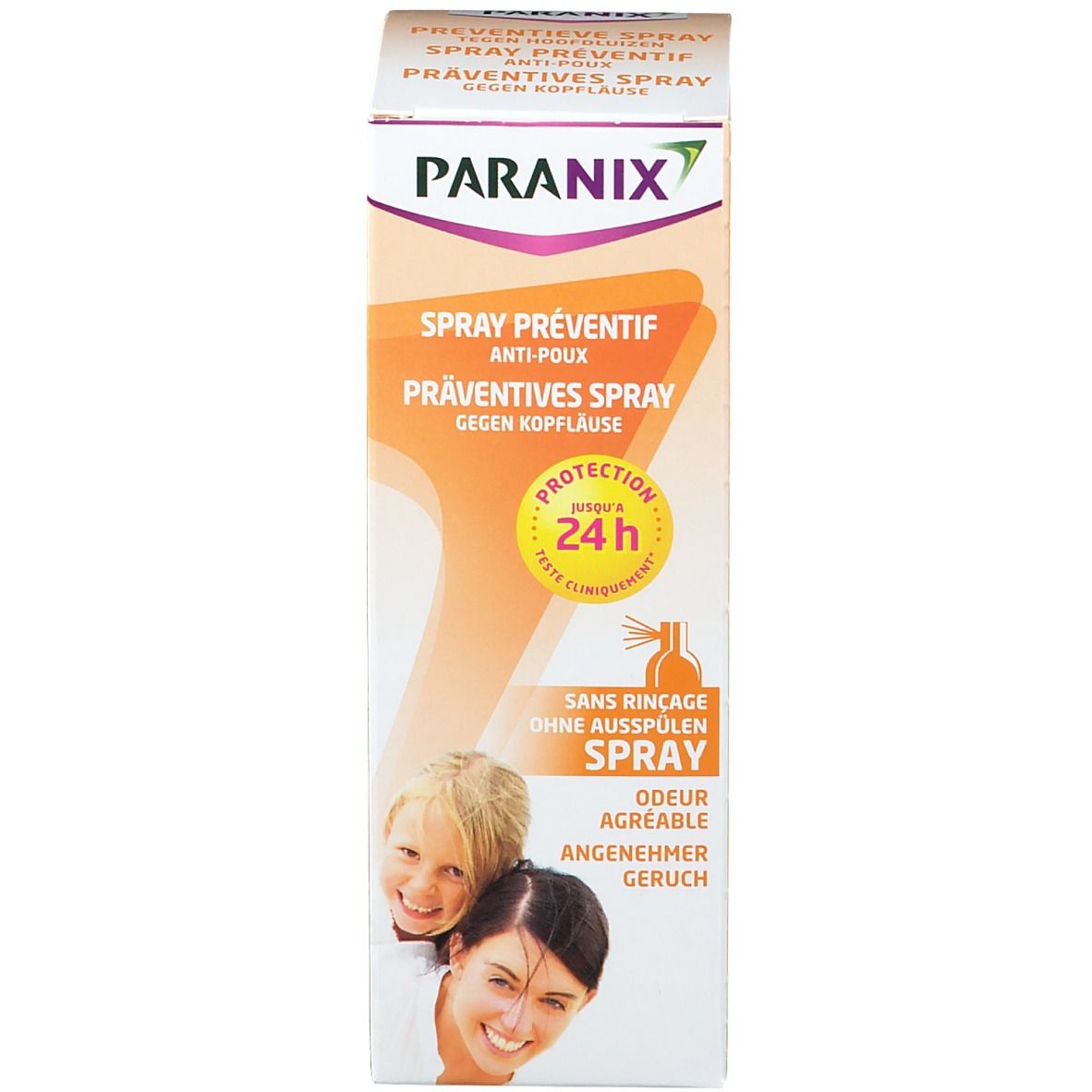 Verpakking met PARANIX-logo, productnaam, kindergezichten en bescherming tot 24 uur. Oranje achtergrond.