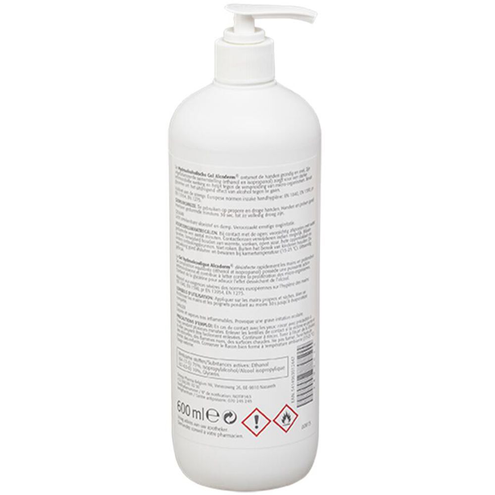 Dos du flacon blanc. Texte multilingue. Symboles d'avertissement : inflammable, irritation. Volume : 500 ml.