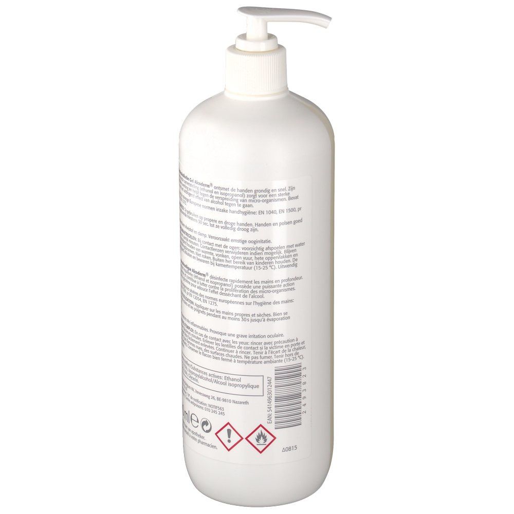 Vue arrière du flacon blanc. Texte multilingue. Symboles d'avertissement : inflammable, irritation. Volume : 500 ml.