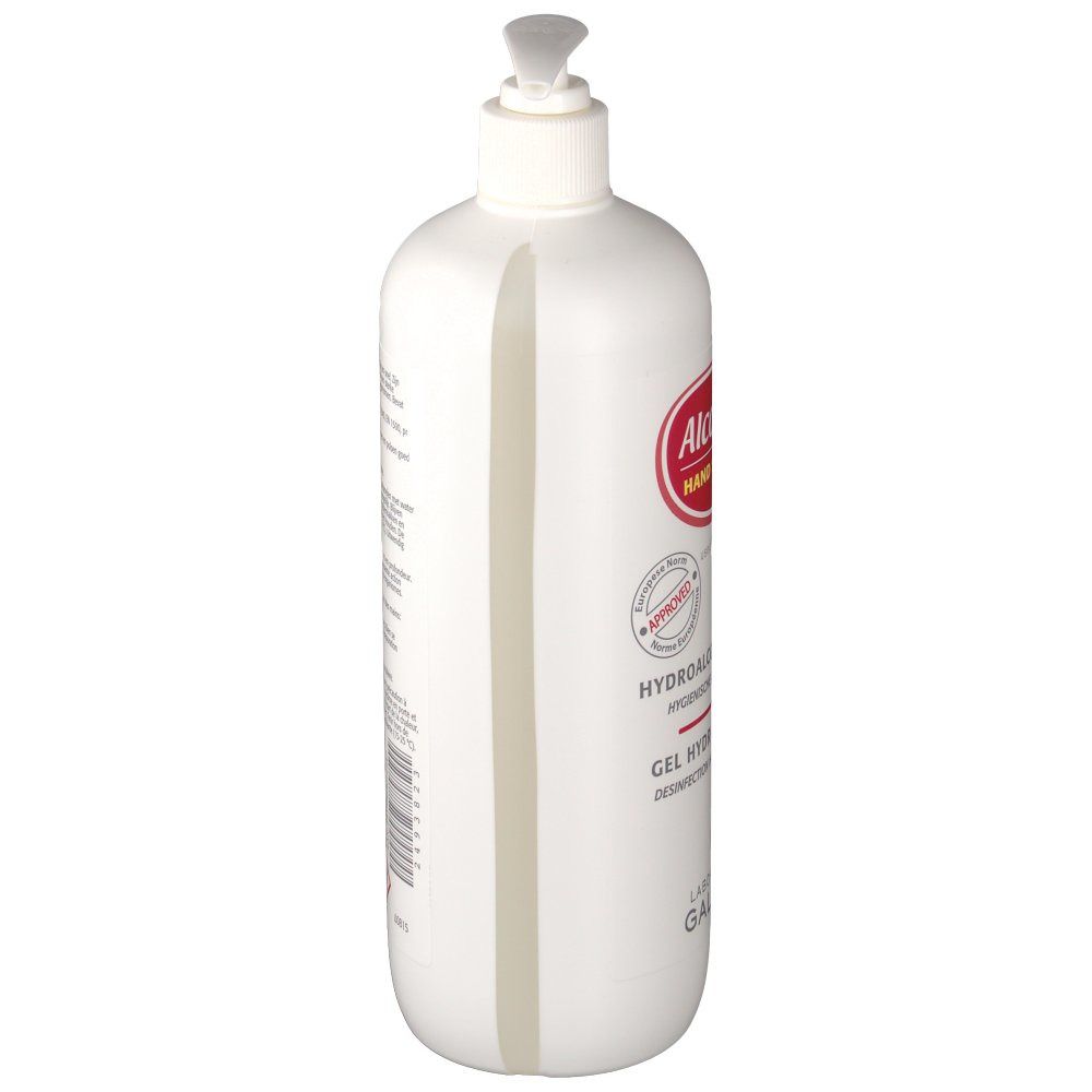 Flacon blanc avec pompe. Étiquette rouge "Alcoderm Hand Sanitizer". Approuvé pour les hôpitaux. Vue latérale.