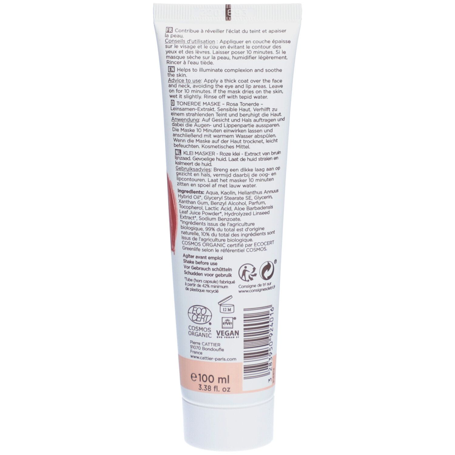 Rückseite der Tube. Text: Cattier Paris, Masque Argile Rose, 100 ml. Logos: Cosmos Organic, Vegan.