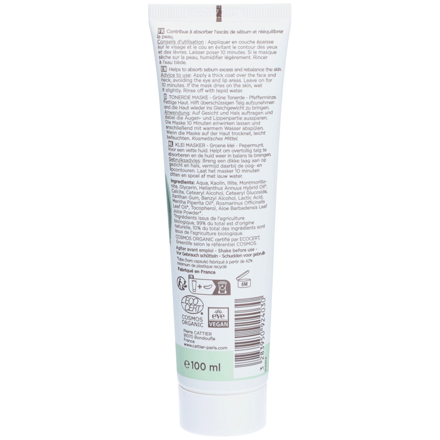 Rückseite der Cattier Maske mit grüner Tonerde. Text und Inhaltsstoffe. Bio-Siegel, Vegan-Logo. Volumen: 100 ml.