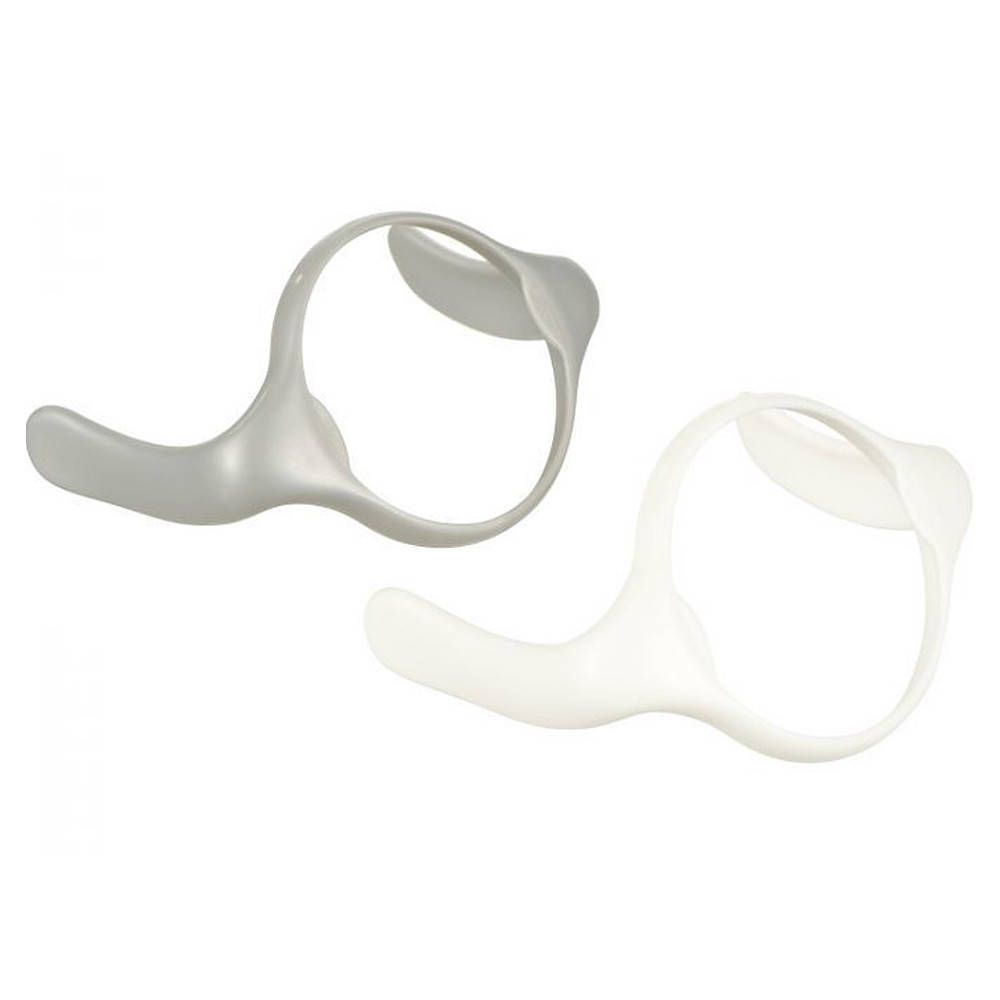 Deux poignées, une grise et une blanche. Forme annulaire avec une poignée. En plastique.