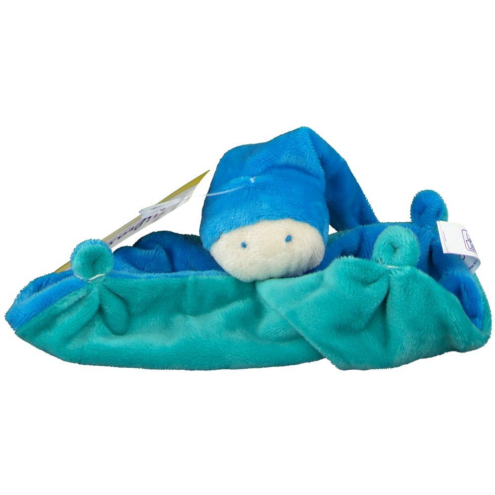 Blauw-turquoise knuffeldoekje met muts en label. Het label toont de naam "difrax".