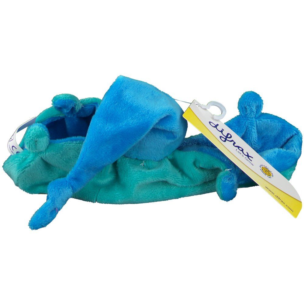 Blauw-turquoise knuffeldoekje met muts en label. Het label toont de naam "difrax".