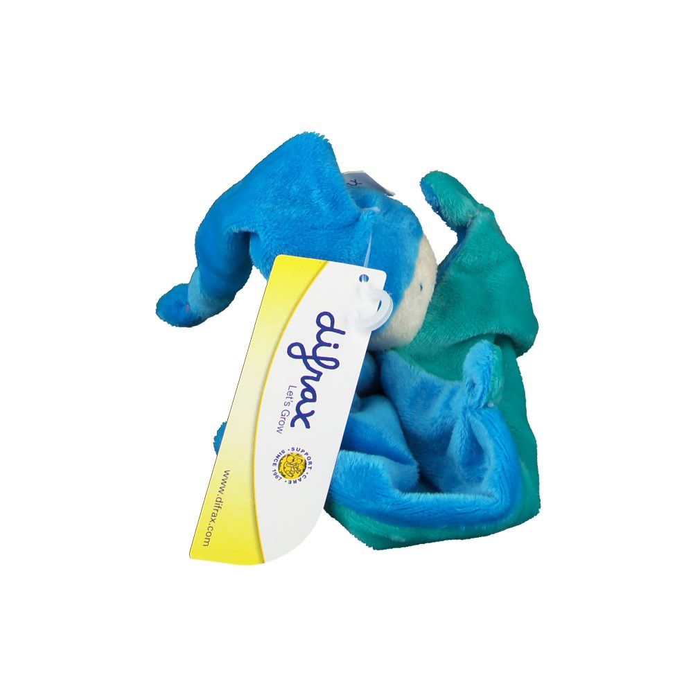Blauw-turquoise knuffeldoekje met muts en label. Het label toont de naam "difrax".