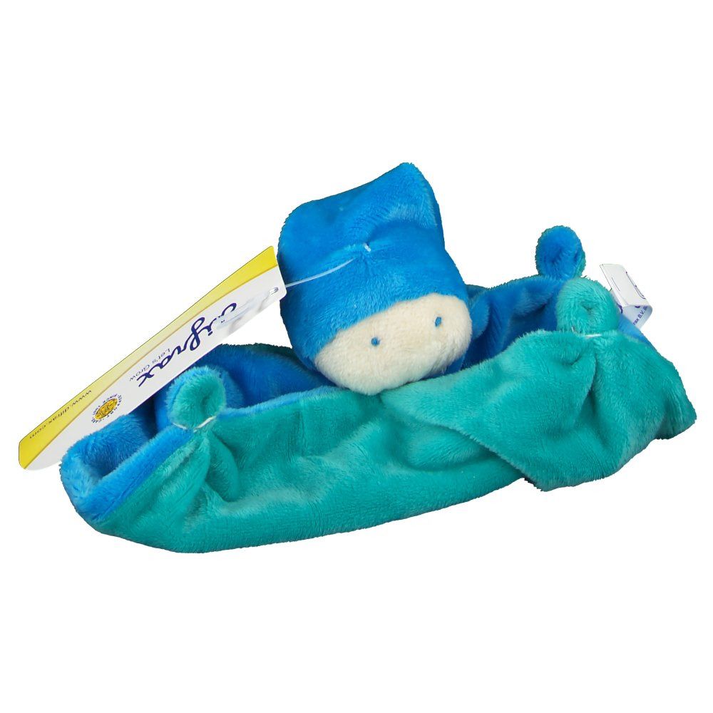 Blauw-turquoise knuffeldoekje met muts en label. Het label toont de naam "difrax".