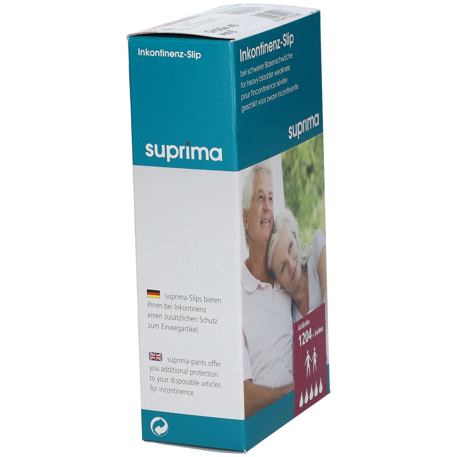 Boîte de slips d'incontinence Suprima. Texte: pour incontinence sévère. Illustration d'un couple âgé. Numéro d'article 1204.
