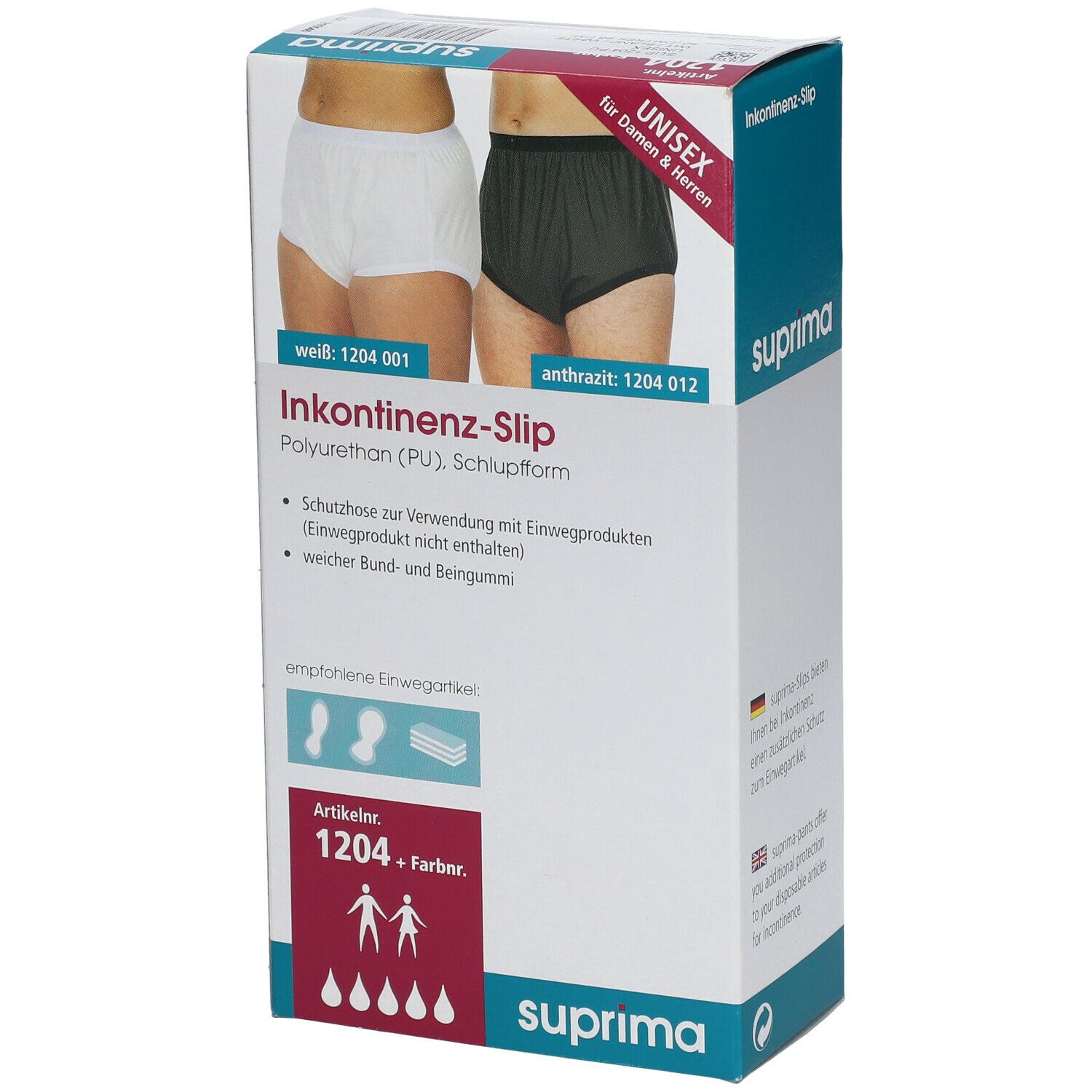 Boîte de slips d'incontinence Suprima. Unisexe. Polyuréthane (PU). Image de slips blancs et anthracite. Numéro d'article 1204.