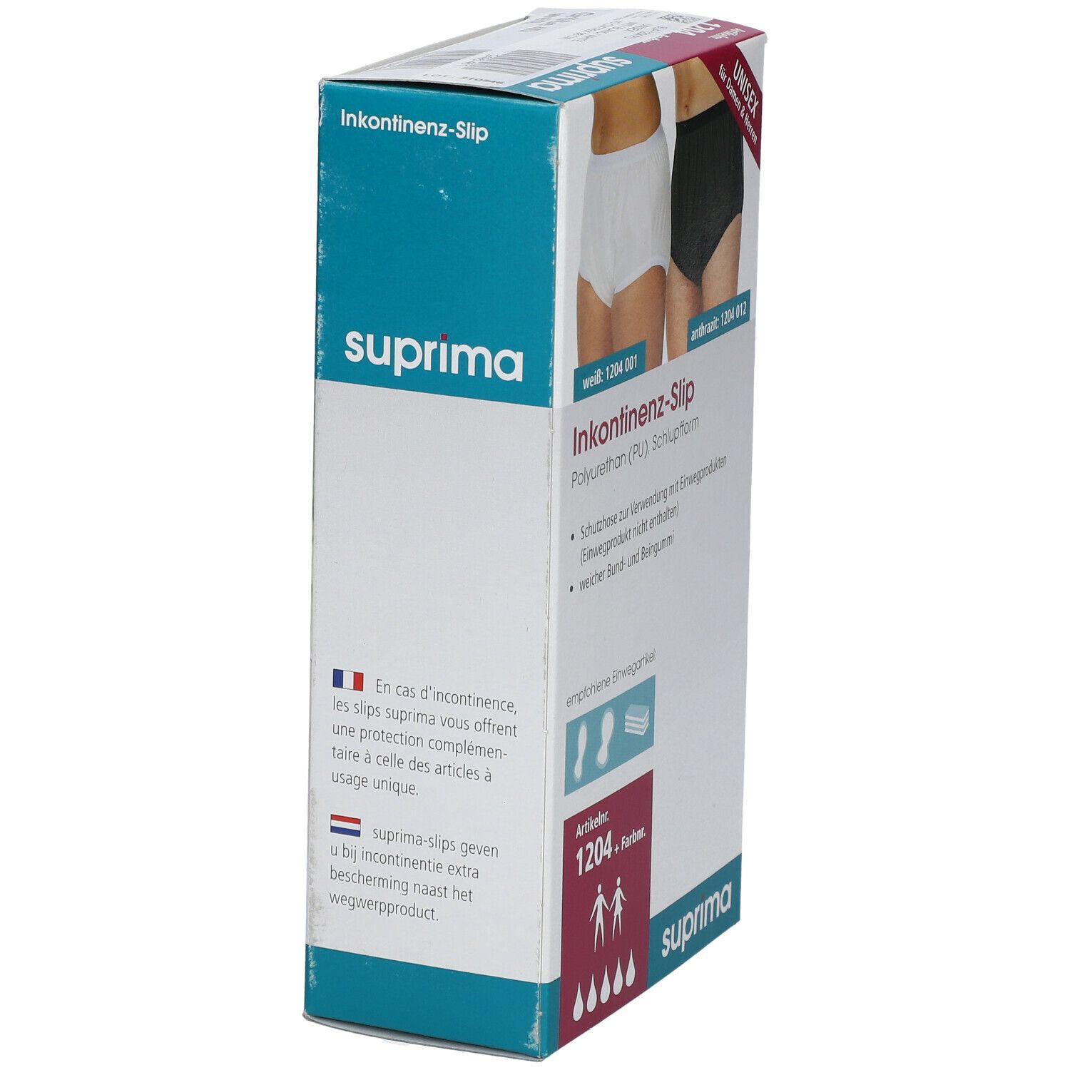 Boîte de slips d'incontinence Suprima. Polyuréthane (PU). Image de slips blancs et anthracite. Numéro d'article 1204.